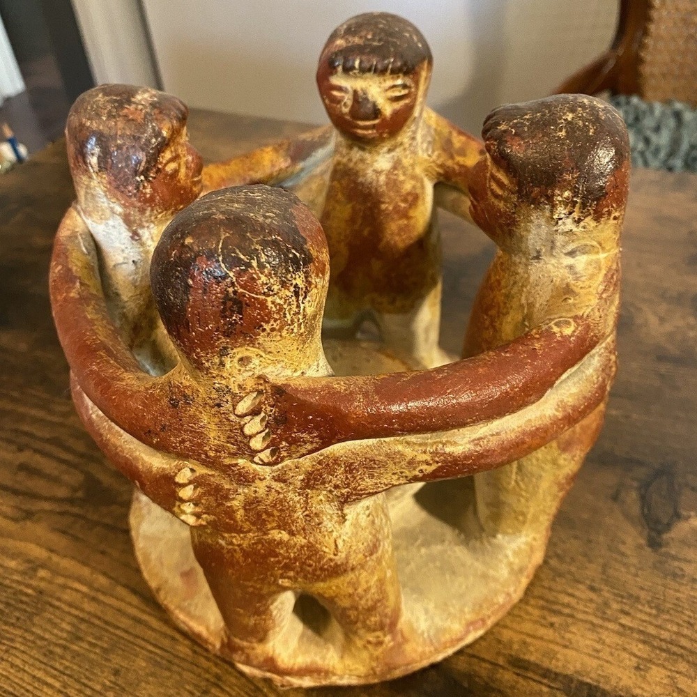 Vintage Ceramic Mayan Folk Art Sculpture Four Figures Dancing Circle Centerpiece